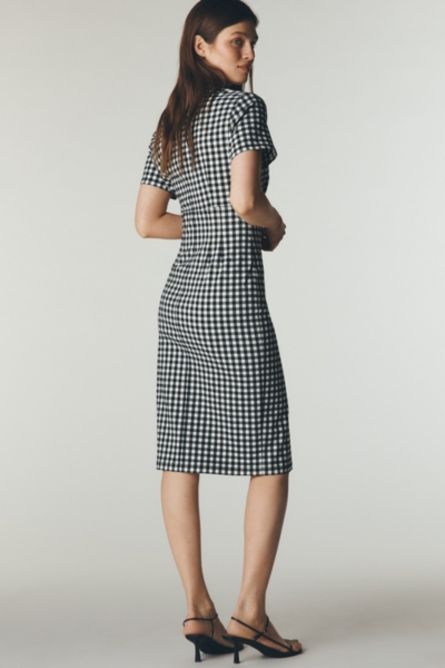 puff sleeve midi wrap dress Blue Three Quarter Sleeve Faux Wrap Midi Dress