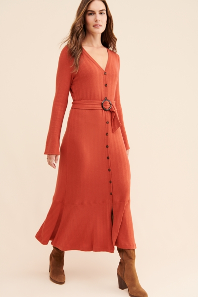 open lace back dress Neon Orange Ribbed Knit Long Dress