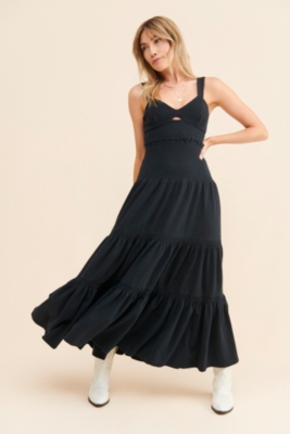 Sale ANTHROPOLOGIE Ruched Tiered Maxi Dress in Grey Black