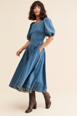 Puff-Sleeve Seamed Denim Dress