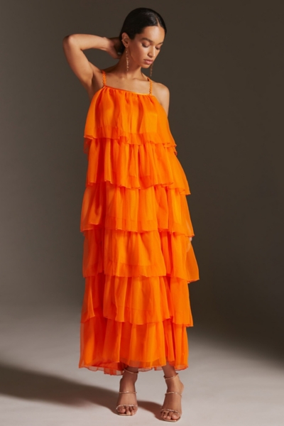 knee length dresses for ladies IZA ORANGE RUFFLE MAXI DRESS – OFUURE main image 1