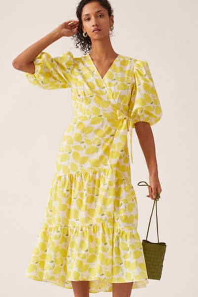 yellow wrap midi dress Yellow Embellished Wrap Midi Dress