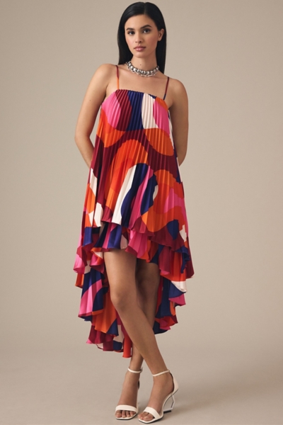 open lace back dress Pleated Print Mesh High Low Dress with Tendrils Junior / 12 / Royal-Blue