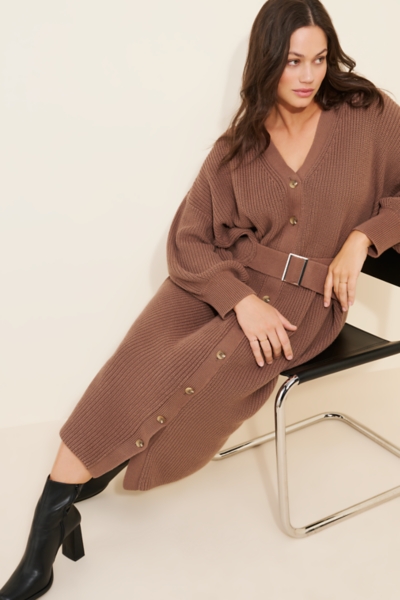brown dress cardigan Simply You Mini Dress and Cardigan Set - Taupe, Large | Hazel and Olive main image 1