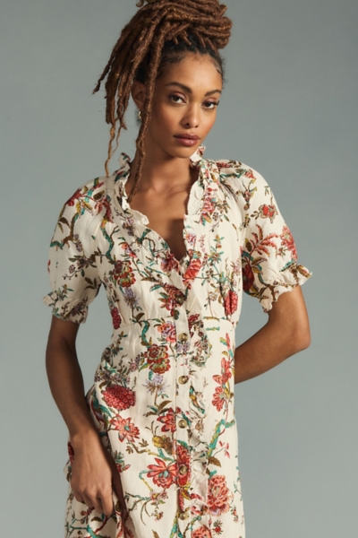 ruffled floral shirt dress anthropologie Floral Ruffle Shirt Dress