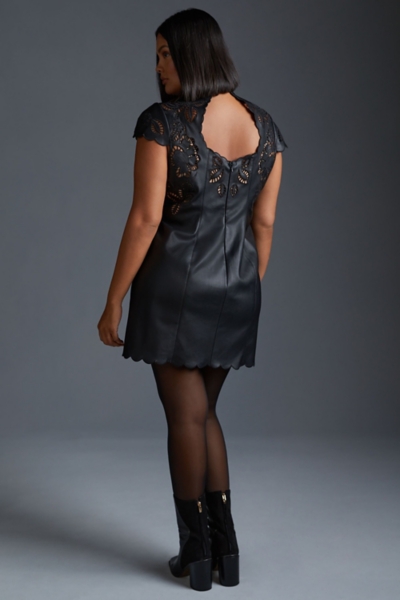 chinese dress ladies Miss Circle Shelby Black Vegan Leather with Lace Mini Dress M