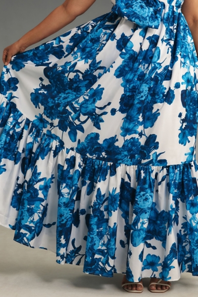 boat neck maxi dress pattern XL / Sunwashed Blue Plumes In Bloom