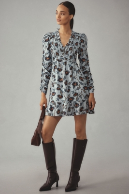 Long-Sleeve V-Neck Ruffle Mini Dress | Nuuly