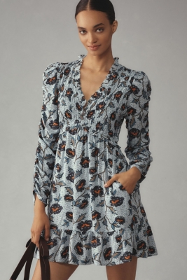 Long-Sleeve V-Neck Ruffle Mini Dress | Nuuly