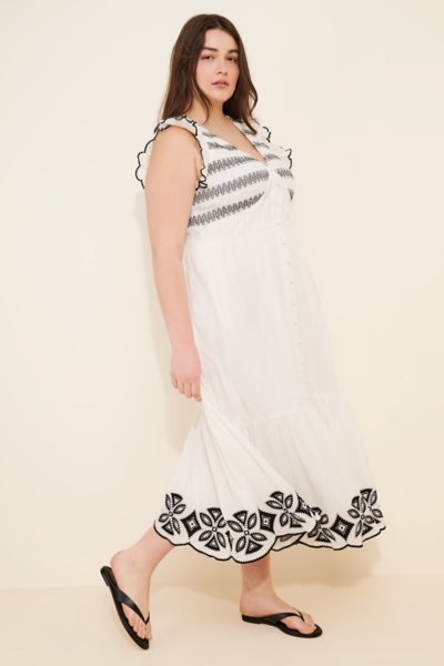 knee length dresses for ladies Baltic Born Womens Marta Smocked Midi Dress | White + Blue
