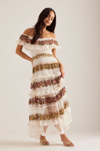 Ruffle-Sleeve V-Neck Embroidered Tulle Tiered Maxi | Nuuly