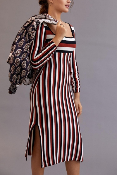 knee length dresses for ladies Striped Long Sleeve Bodycon Knit Midi Sweater Dress, Green / M main image 1