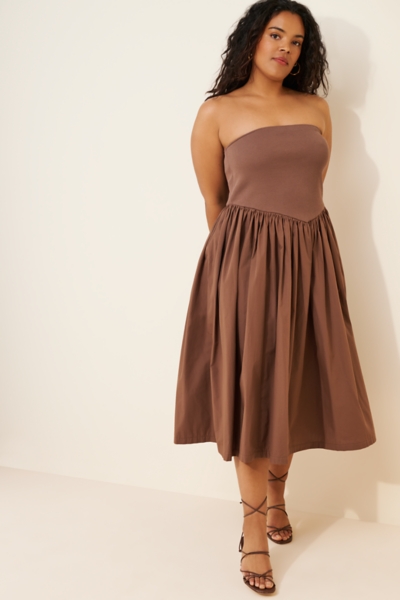 knee length dresses for ladies Beige Floral Embellished Strapless A-Line Midi Dress main image 0