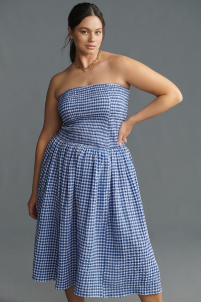 knee length dresses for ladies Woven Smocked Strapless Midi – Meredith Jaye / M and Em's main image 1
