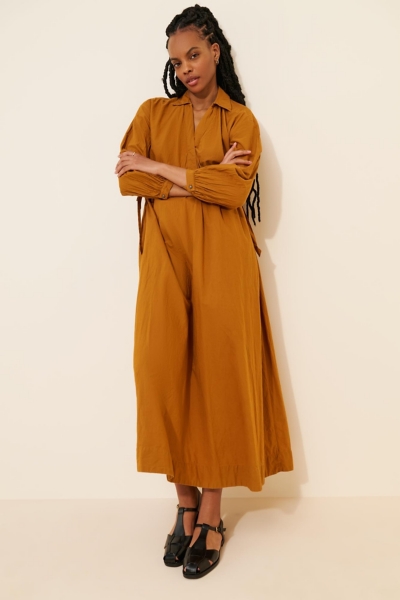 brown cinched dress Brown V-Neck Maxi Dress with Belted Waist and Puffed Sleeves 2 main image 1