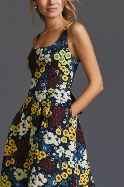 knee length dresses for ladies Buttercream Yellow Midi Floral Dress with Pockets– PromGirl main image 1