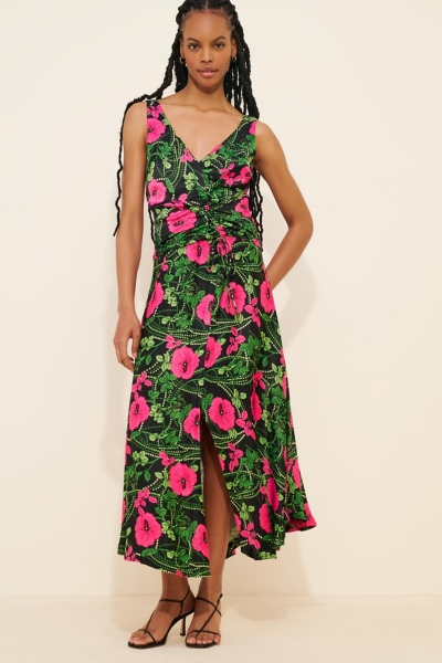 knee length dresses for ladies Tropical Getaway Sleeveless Asymmetrical Ruched Midi Dress