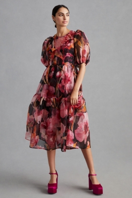 Puff-Sleeve Organza Midi Dress | Nuuly Rent