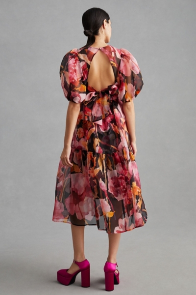 puff organza sleeve dress Puff-Sleeve Organza Midi Dress