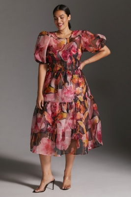 Puff-Sleeve Organza Midi Dress | Nuuly