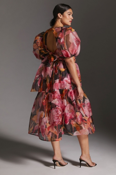 strapless open back dress Floral Organza Dress with Removable Puff Sleeves Made to Measure