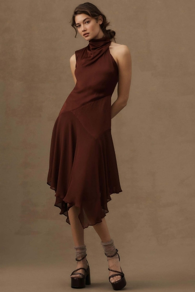 asymmetrical draped midi dress Mock-Neck Asymmetrical Draped Midi Dress