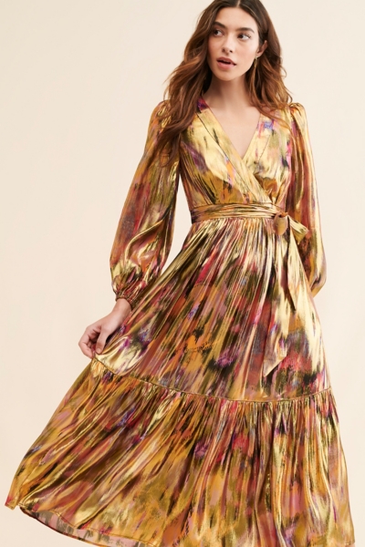 white christmas dresses Betsy & Adam Women's Metallic V-Neck Ruched-Waist Gown - Sage/Gold main image 1