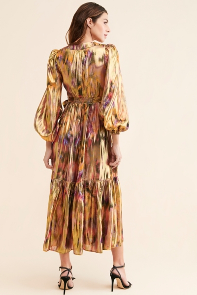 chinese dress ladies Drapped Long Sleeve Dress in Gold Metallic Jersey – Jonathan Cohen