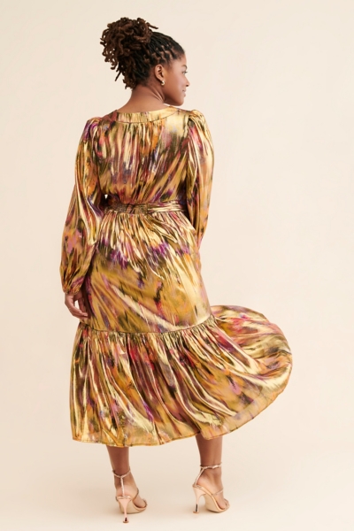 Long-Sleeve V-Neck Metallic Midi Dress | Nuuly