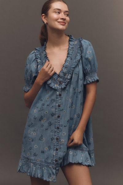 Puff-Sleeve Ruffled V-Neck Swing Mini Dress | Nuuly