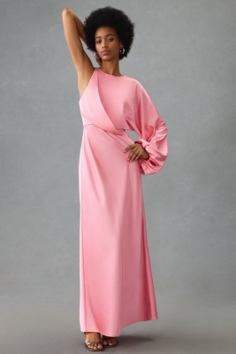 pink.nami　Airy Volume Sleeve Dress Elegant Ruffled Pink Knee Length Semi Party Dress with