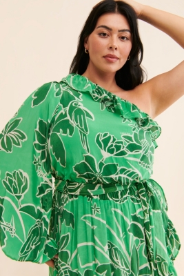 Printed One-Shoulder Ruffle Dress | Nuuly