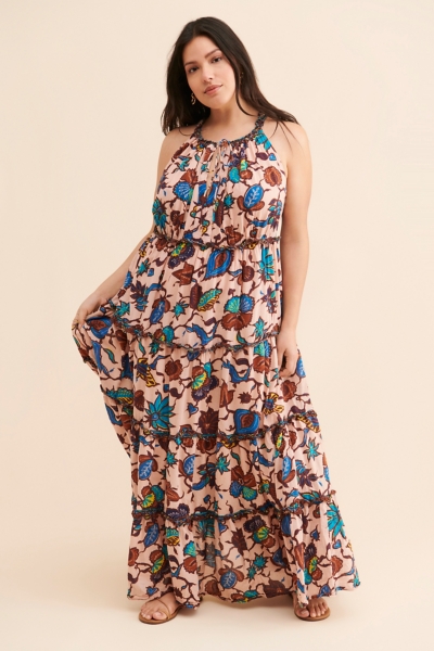 maxi dress floral pink Open-Back Pleated Pink Floral Casual Summer Maxi Dress Blush Pink Floral / Large