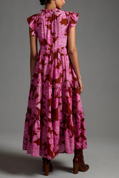 chinese dress ladies Bella Pink Floral Tiered Ruffle Midi Dress main image 0