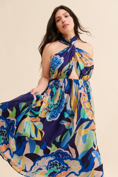 white christmas dresses Ruched Printed Notched Long Sleeve Maxi Dress Taupe / M