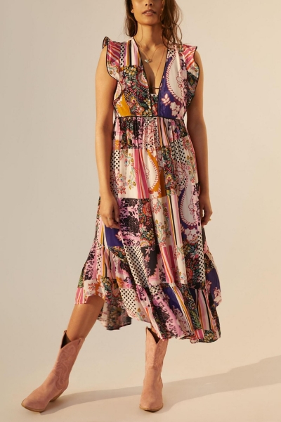 Ruffled Patchwork Midi Dress | Nuuly