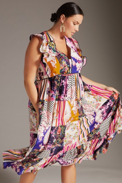 Ruffled Patchwork Midi Dress | Nuuly