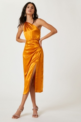 One-shoulder silk midi dress in orange - The Sei