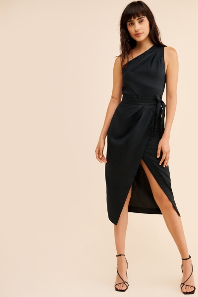 knee length dresses for ladies Addison Black Linen Asymmetric Maxi | The Borrowed Collective main image 1