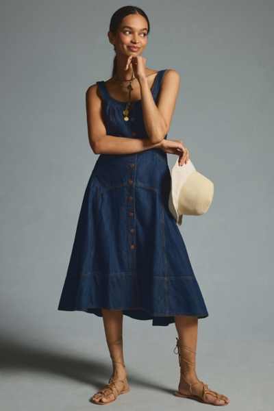 button up denim pinafore dress Button-Front Denim Pinafore Dress