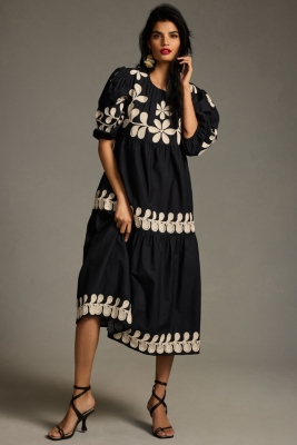 Embroidered Puff-Sleeve Midi Dress | Nuuly