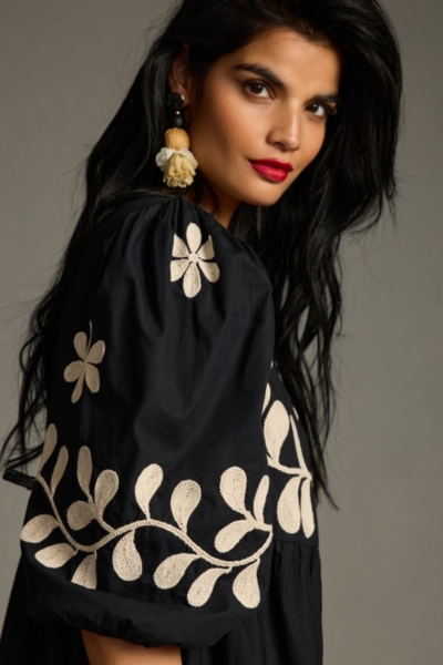 Embroidered Puff-Sleeve Midi Dress | Nuuly