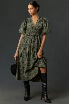 Corduroy Ruched Printed Midi Dress