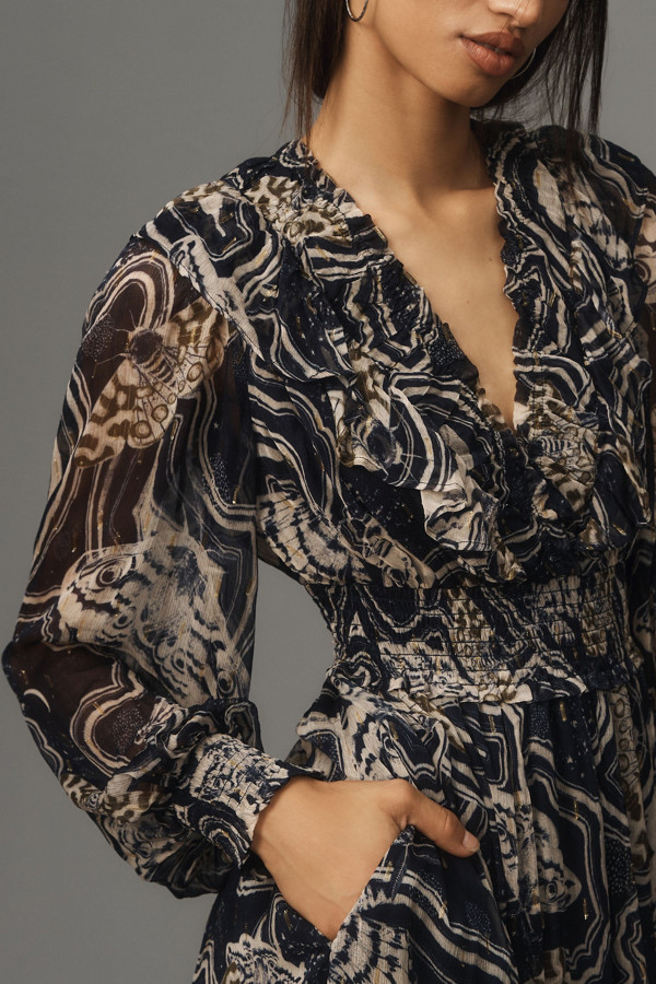 Long-Sleeve V-Neck Textured Midi Dress | Nuuly Long-Sleeve V-Neck Textured Midi Dress | Nuuly