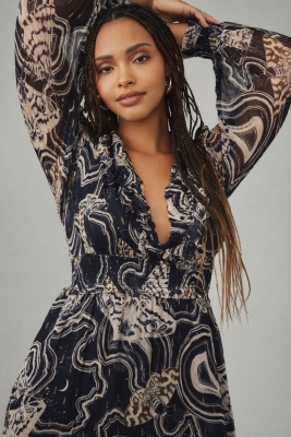 Long-Sleeve V-Neck Textured Midi Dress | Nuuly