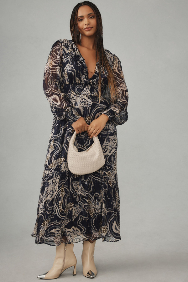 Long-Sleeve V-Neck Textured Midi Dress | Nuuly Long-Sleeve V-Neck Textured Midi Dress | Nuuly