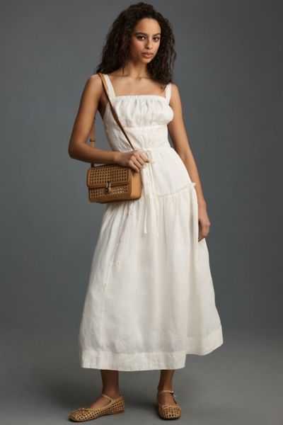 knee length dresses for ladies Premiere Linen Square Neck Midi Dress – TING MAISON main image 1