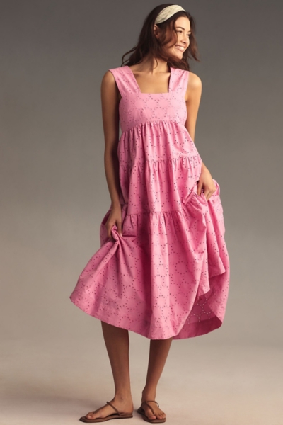 fashion linen dress Puff Sleeve Linen Midi Dress | Button-Up Summer Dress