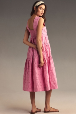 Square-Neck Eyelet Tiered Midi Dress