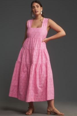 Square-Neck Eyelet Tiered Midi Dress